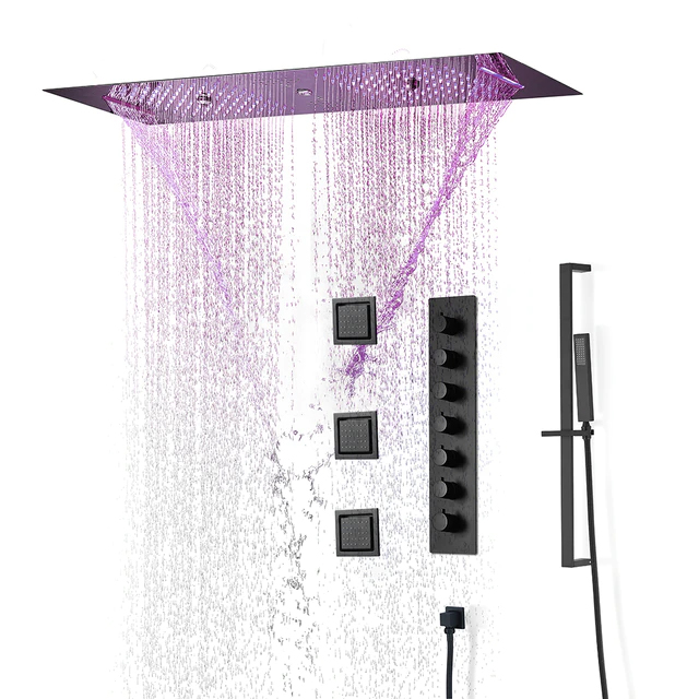 Fontana Dijon Remote Controlled Matte Black Thermostatic Recessed Ceiling Mount Musical LED Rainfall Waterfall Mist Shower System with Hand Shower and 3 Jetted Body Sprays